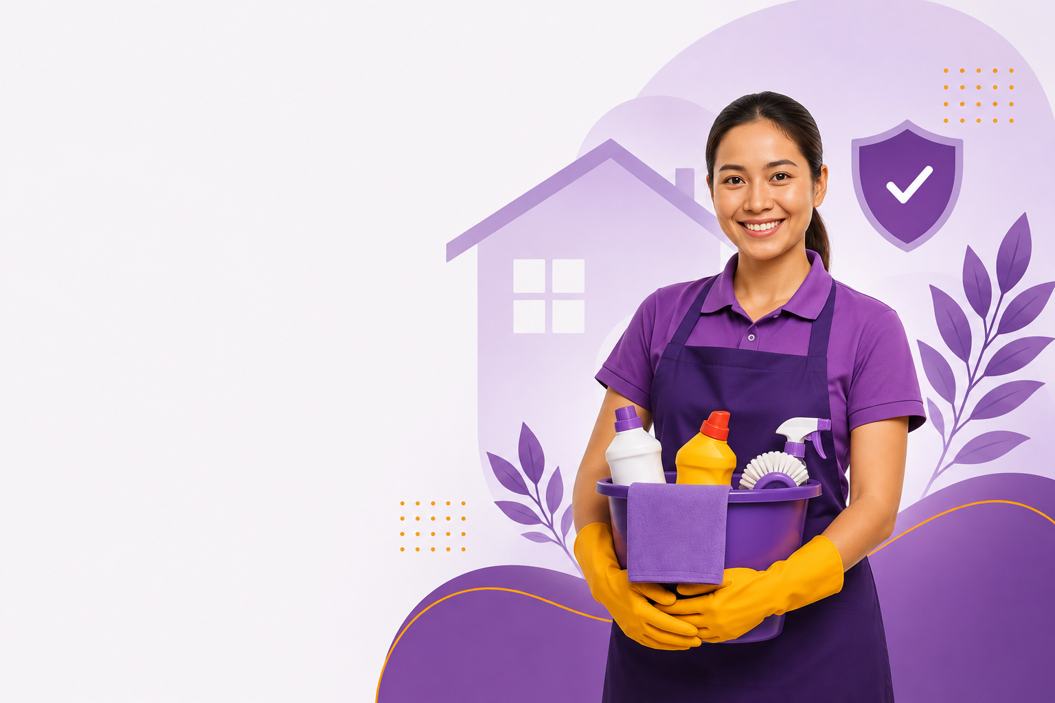 A domestic helper holding cleaning supplies